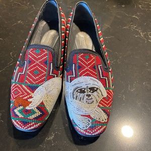 Donald J Pliner  leather loafers with hand beaded artwork of white dog